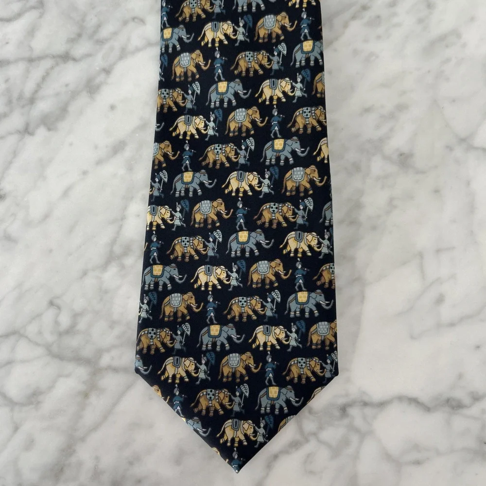 Jim Thompson 100% Silk Tie Whimsical Elephants Animal Print Blue & Tan
